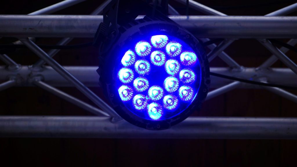 A blue led light shines brightly.