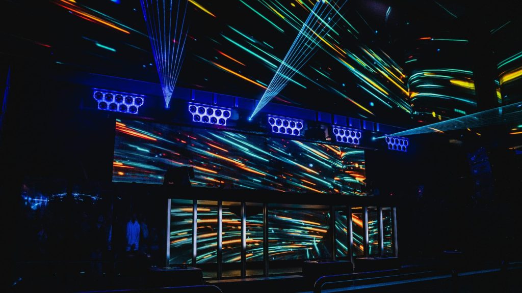 a dark room with a lot of lights on it