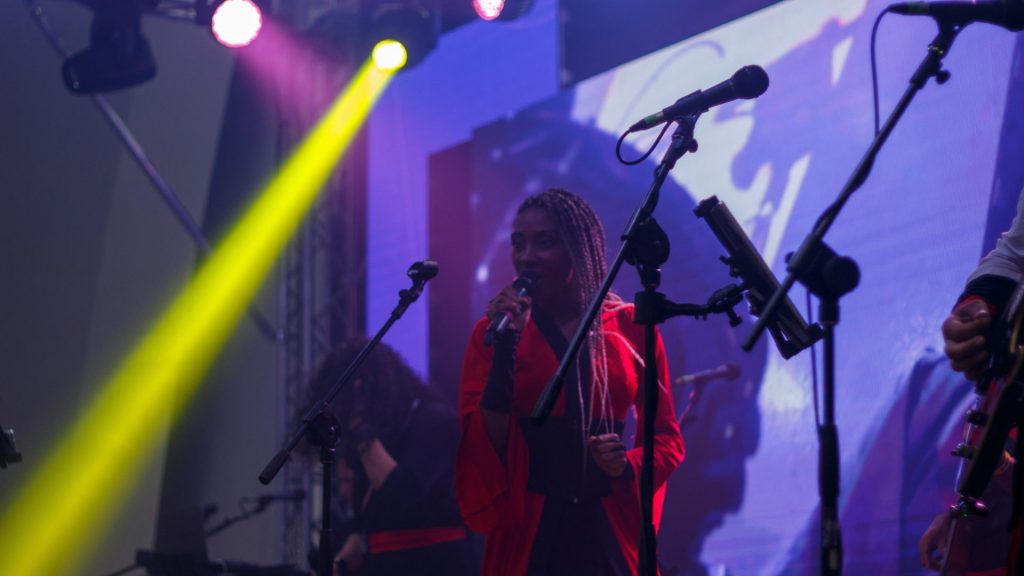 A performer in a red hoodie sings on stage
